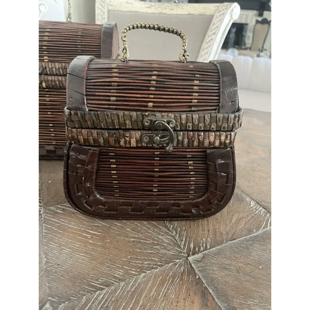 Vtg  Set of 2  Woven Rattan Faux Leather Basket Nesting Boxes w/ Latches Handles